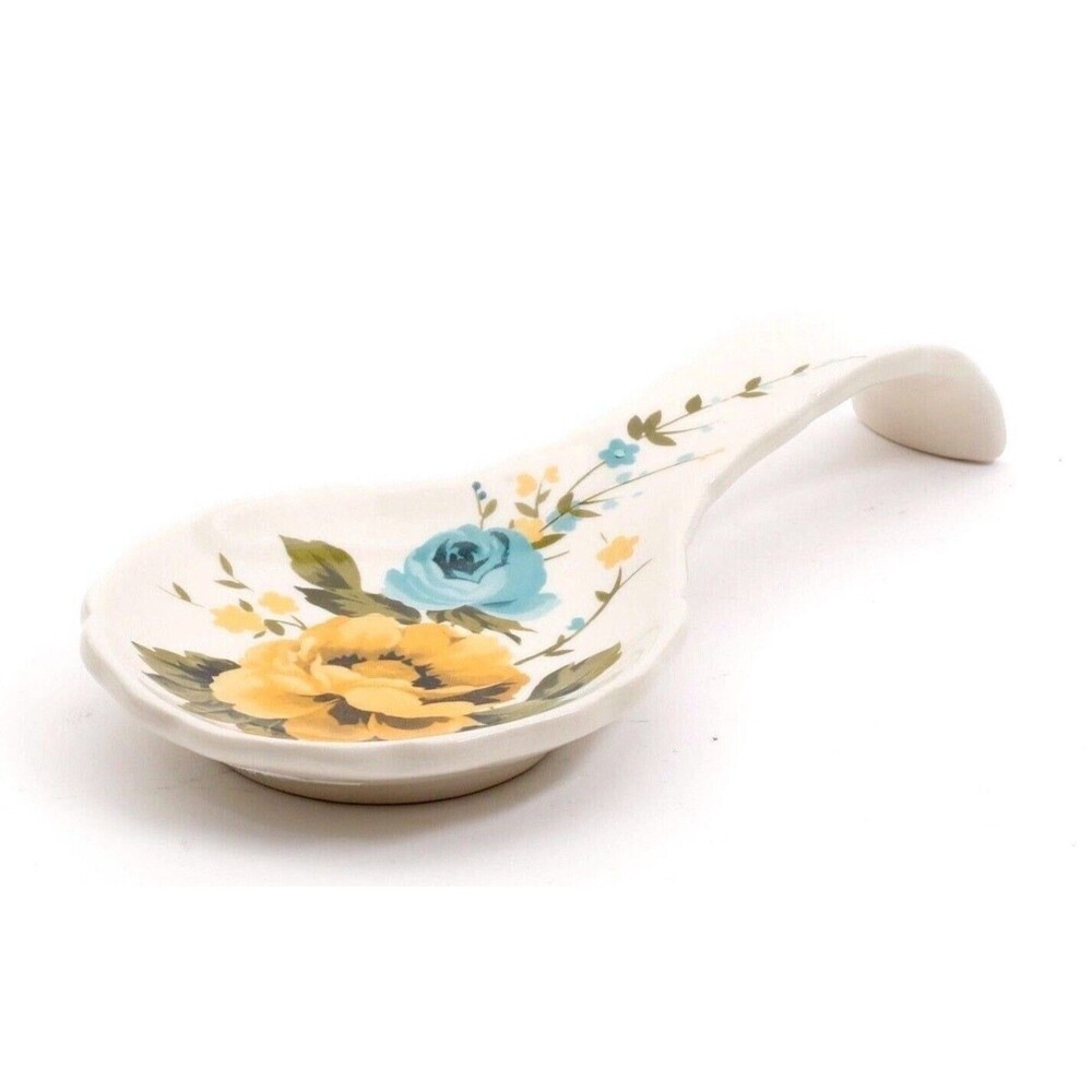 Pioneer Woman Rose Shadow Spoon Rest Blue Yellow Floral Stoneware Kitchen NEW